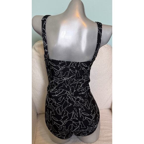 DKNY Twist Tummy Control One Piece Swimsuit Size XL Black White Floral Wireless - Picture 5 of 7